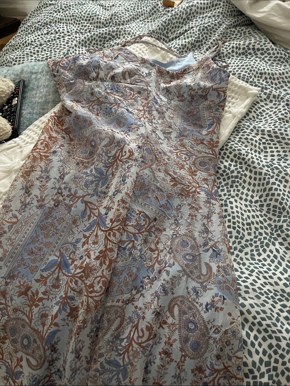 A. Byer Light Blue and Brown Asymmetrical Floral Paisley Dress